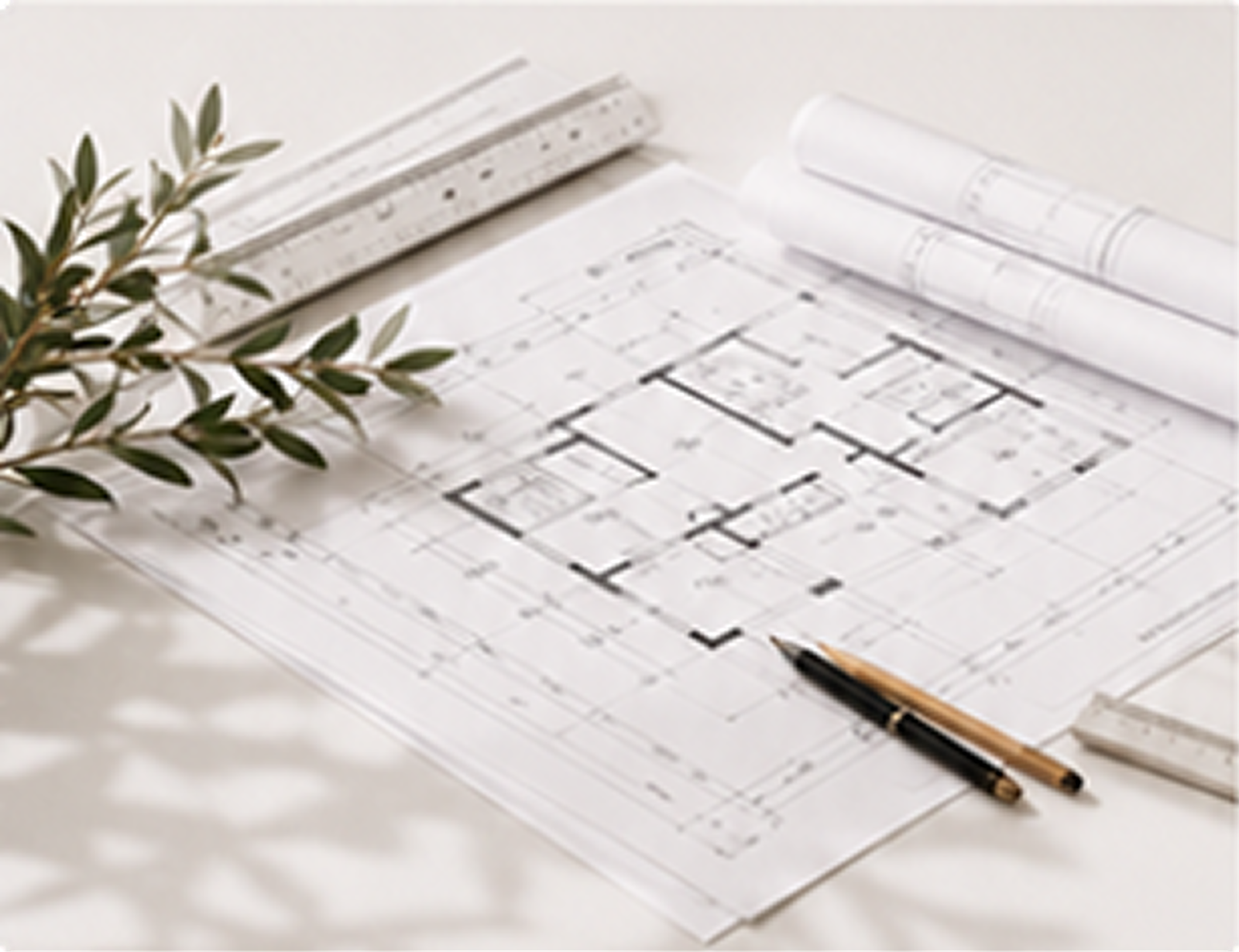 Detailed architectural floor plan blueprint with drafting pencils, ruler, and rolled design plans by LC Design & Drafting.