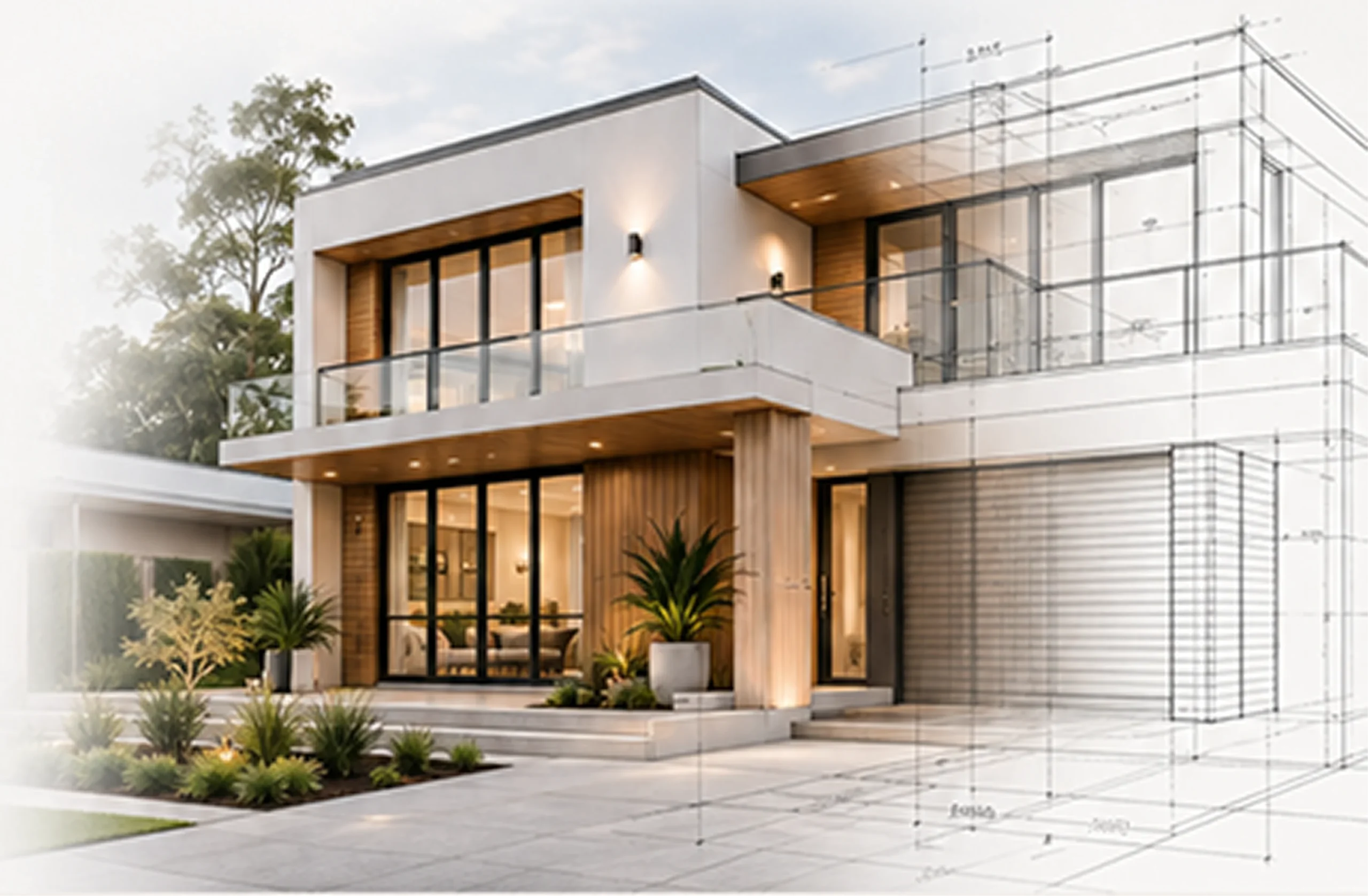 Modern two-story residential house design overlay with architectural blueprint drafting lines by LC Design & Drafting Hawkesbury
