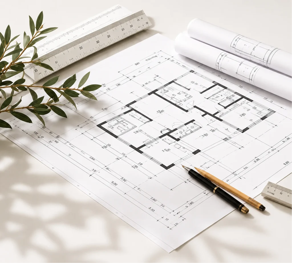 Detailed architectural floor plan blueprint with drafting pencils, ruler, and rolled design plans by LC Design & Drafting.