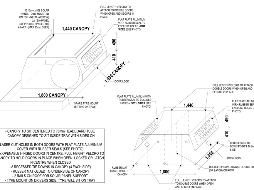 Detailed isometric technical CAD drawing for a custom UTE canopy with 1800mm dimensions and solar panel mount specifications by LC Design & Drafting.