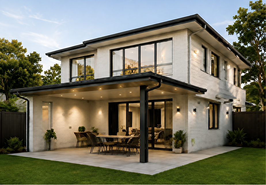 Modern double-story house rear extension featuring an outdoor covered patio with downlights by LC Design & Drafting.