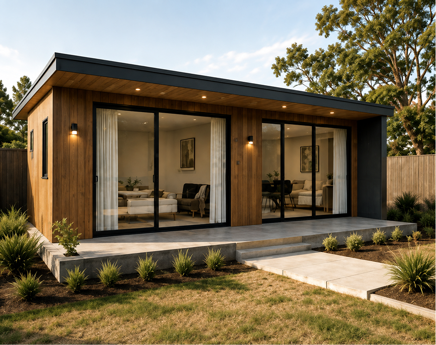 Modern timber-clad granny flat design with sliding glass doors and outdoor patio by LC Design & Drafting.