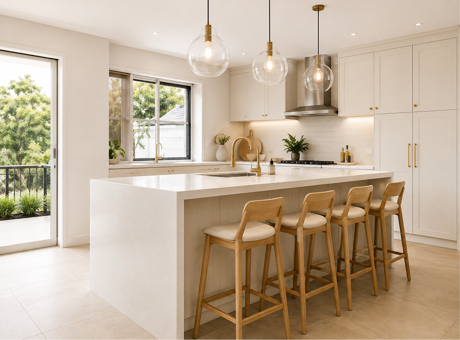 Modern kitchen renovation featuring white island bench, glass pendant lights, and wooden bar stools by LC Design & Drafting.