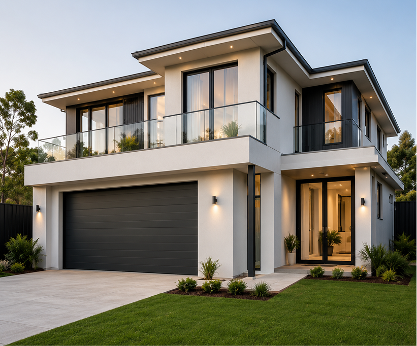 Contemporary double-story family home design with glass balcony balustrade and double garage by LC Design & Drafting.