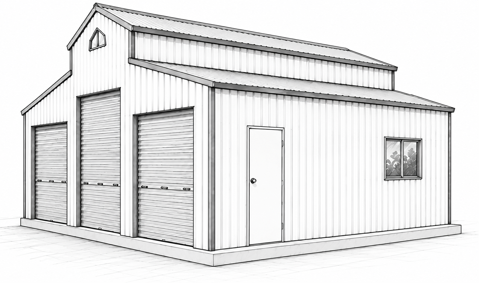 Custom American barn style shed architectural line drawing with roller doors by LC Design & Drafting.