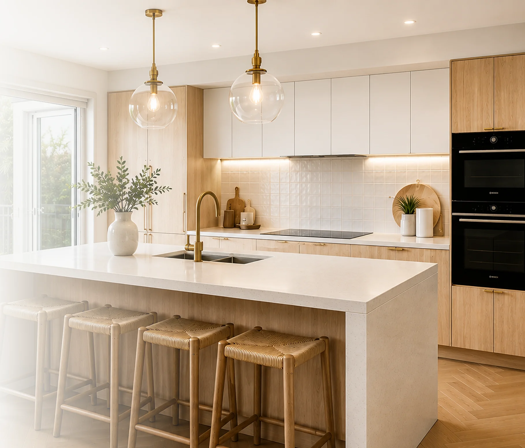 Modern kitchen interior design with timber cabinetry, white island benchtop, and pendant lighting drafted by LC Design & Drafting.