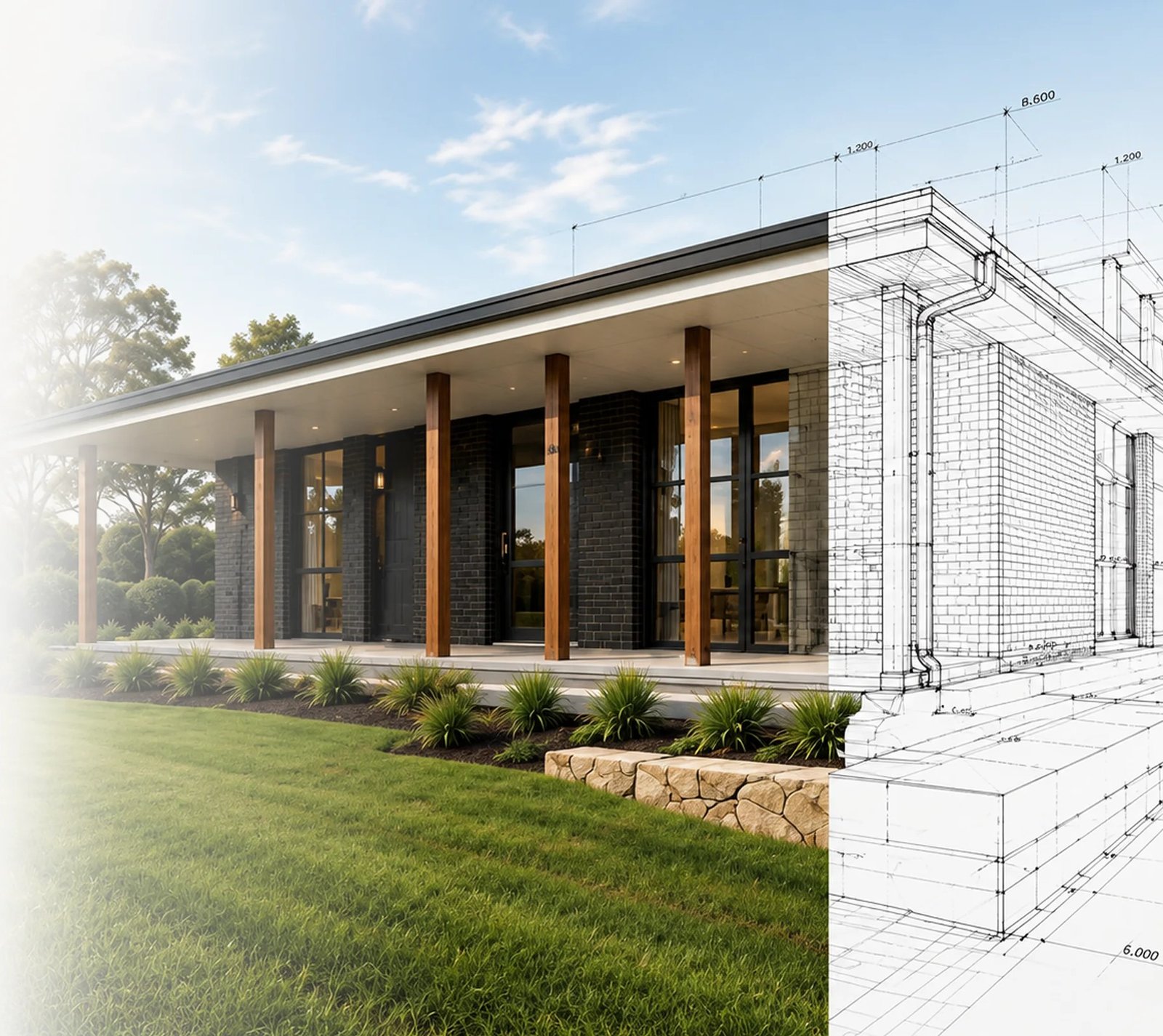 Modern single-story home extension with timber posts merged with an architectural sketch overlay by LC Design & Drafting.